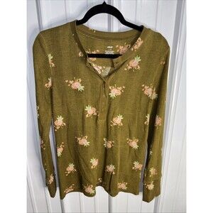 Aerie Womens Olive Green Floral Waffle Knit Long Sleeve Henley Top Large